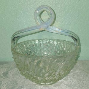 Antique Jefferson Art Glass Clear and Opalescent Bowl with Looped Handle